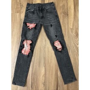 Women's Sz 28 Distressed Tapered Stretch Black Denim Jeans Red Patches VGUC